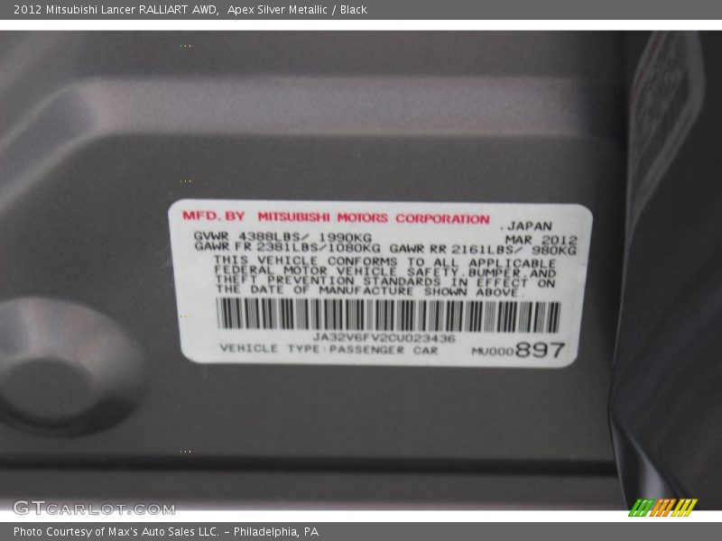Apex Silver Metallic / Black 2012 Mitsubishi Lancer RALLIART AWD