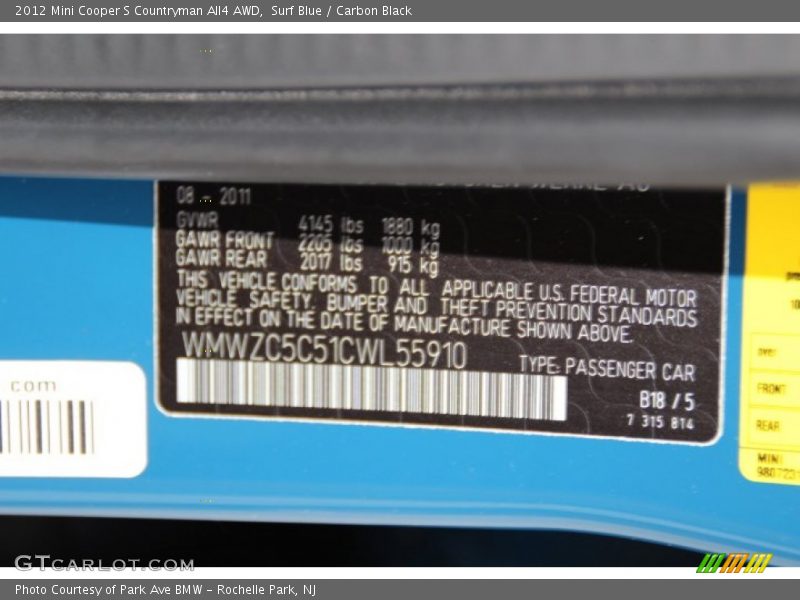 Surf Blue / Carbon Black 2012 Mini Cooper S Countryman All4 AWD
