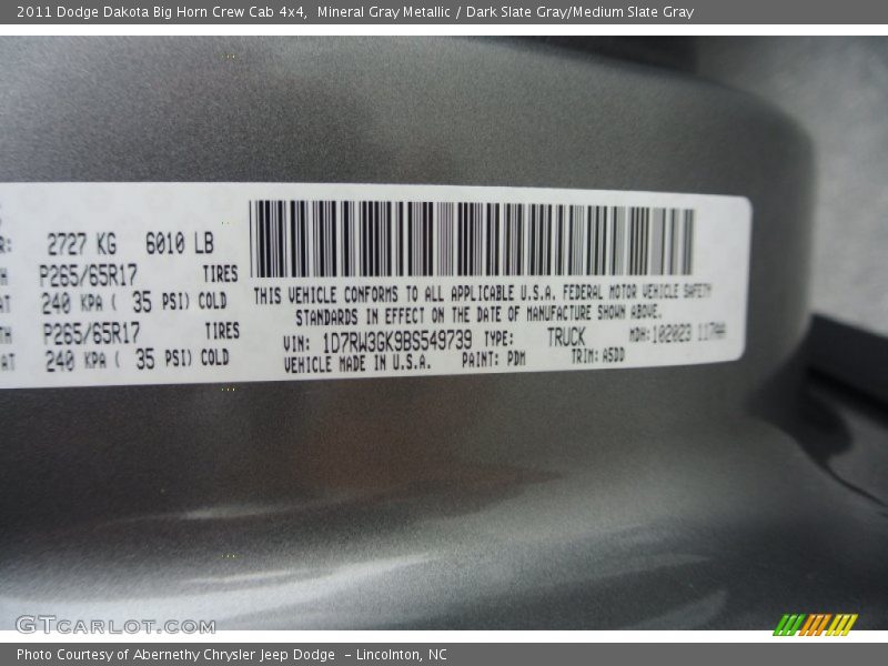 Mineral Gray Metallic / Dark Slate Gray/Medium Slate Gray 2011 Dodge Dakota Big Horn Crew Cab 4x4