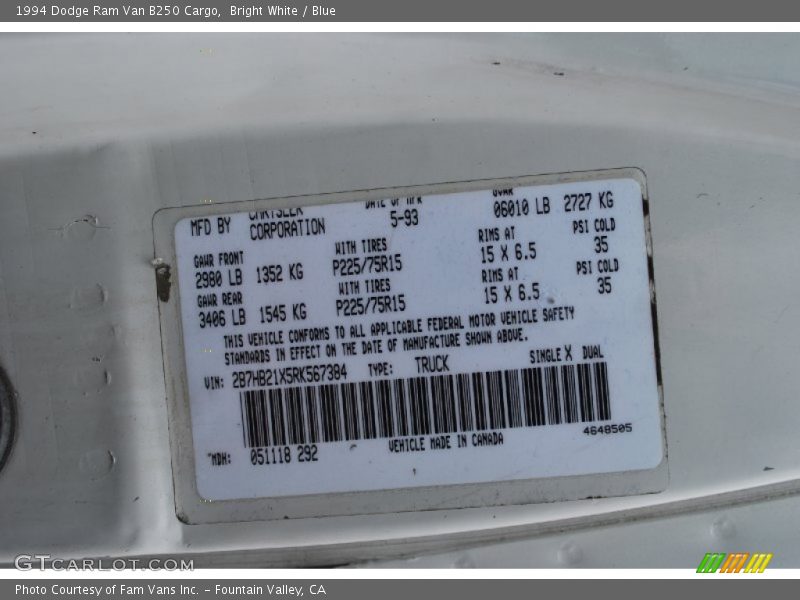 Bright White / Blue 1994 Dodge Ram Van B250 Cargo