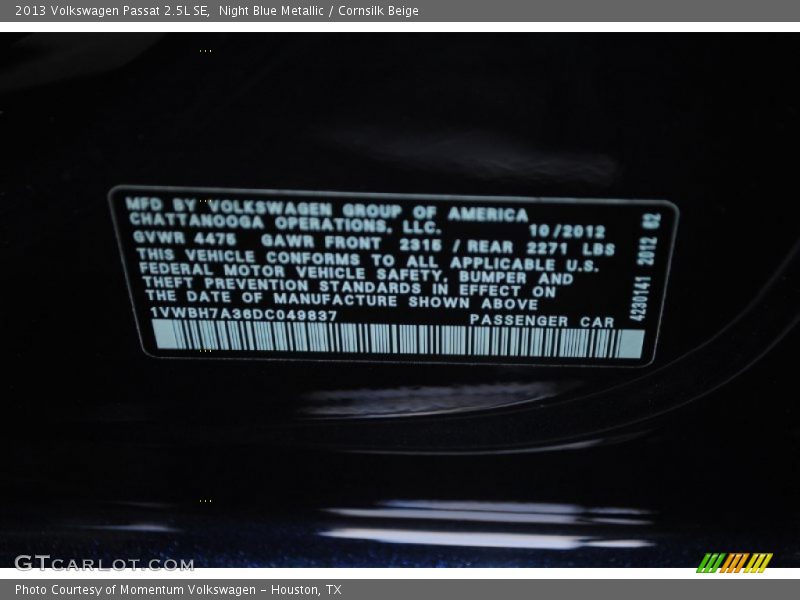 Night Blue Metallic / Cornsilk Beige 2013 Volkswagen Passat 2.5L SE