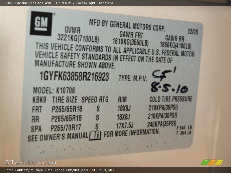 Gold Mist / Cocoa/Light Cashmere 2008 Cadillac Escalade AWD