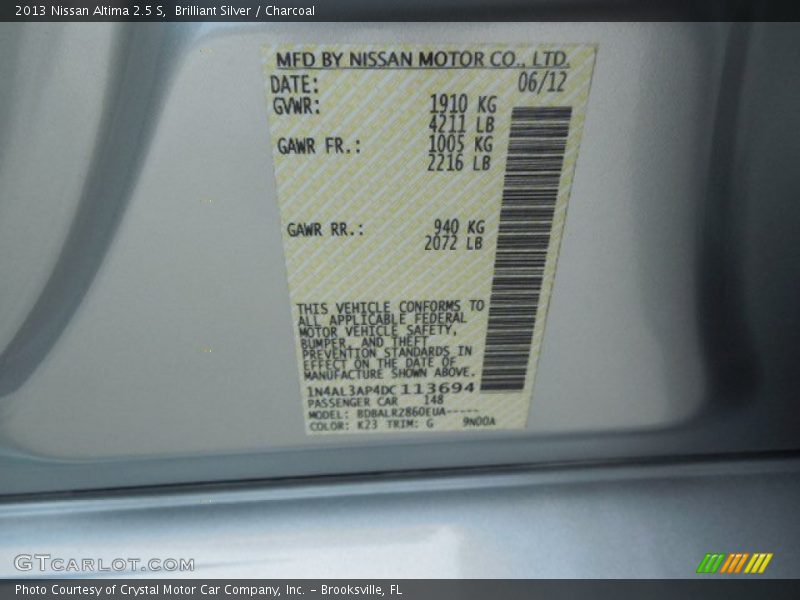 Brilliant Silver / Charcoal 2013 Nissan Altima 2.5 S