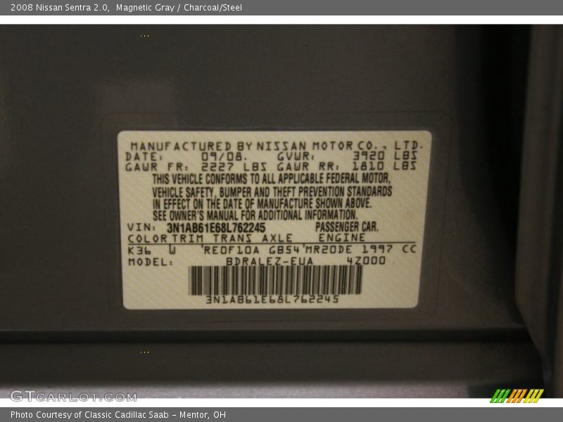 Magnetic Gray / Charcoal/Steel 2008 Nissan Sentra 2.0