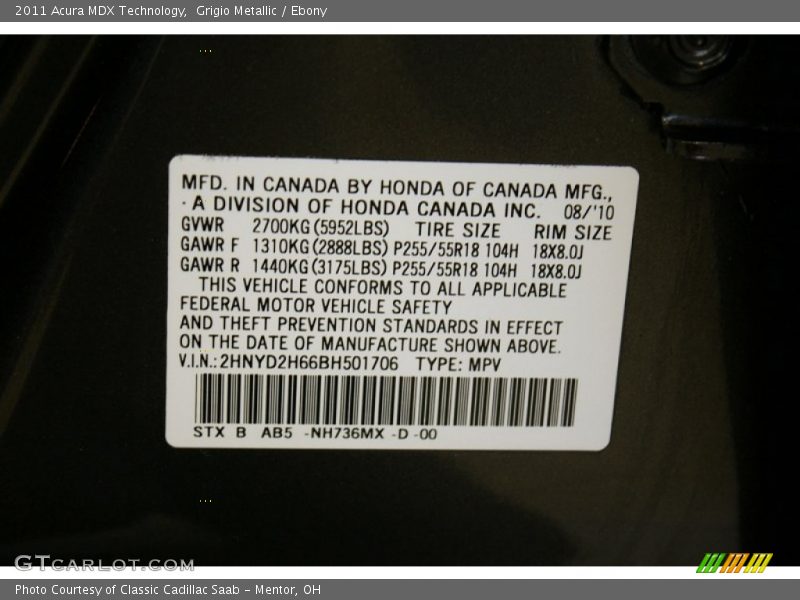 Grigio Metallic / Ebony 2011 Acura MDX Technology
