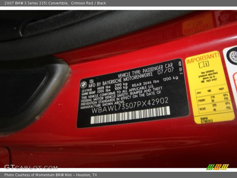 Info Tag of 2007 3 Series 335i Convertible