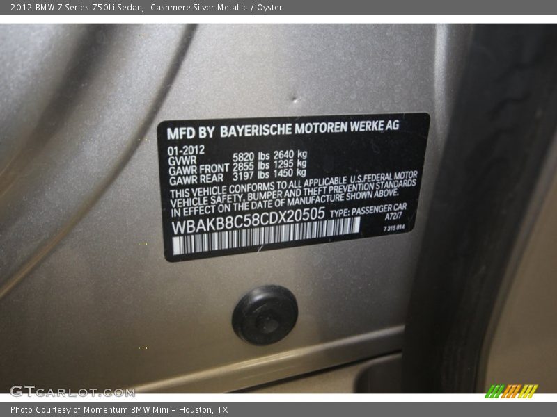 2012 7 Series 750Li Sedan Cashmere Silver Metallic Color Code A72