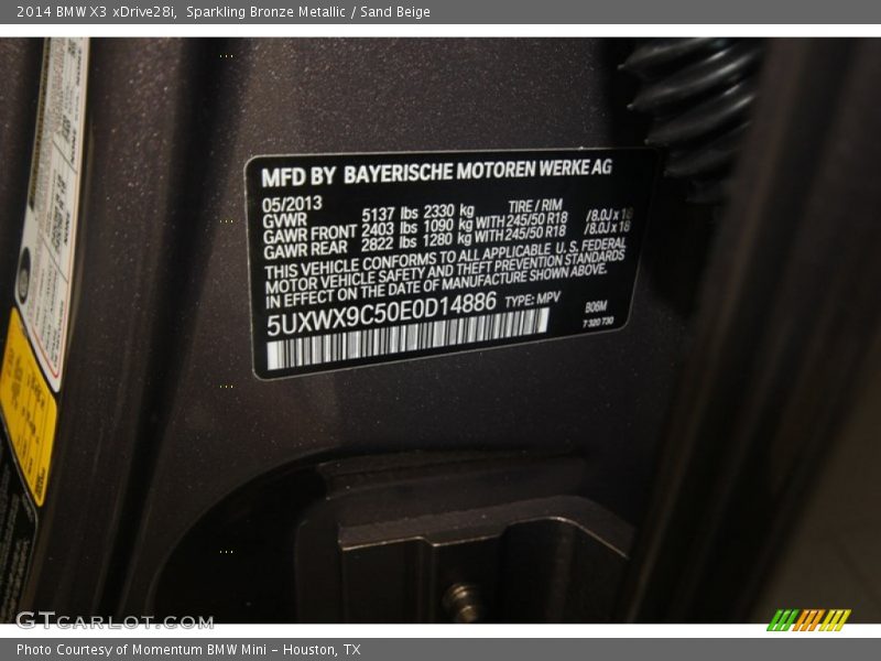 2014 X3 xDrive28i Sparkling Bronze Metallic Color Code B06