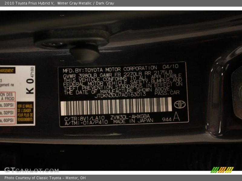 Winter Gray Metallic / Dark Gray 2010 Toyota Prius Hybrid V