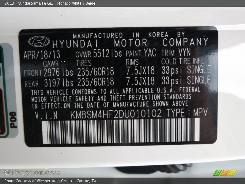 Monaco White / Beige 2013 Hyundai Santa Fe GLS