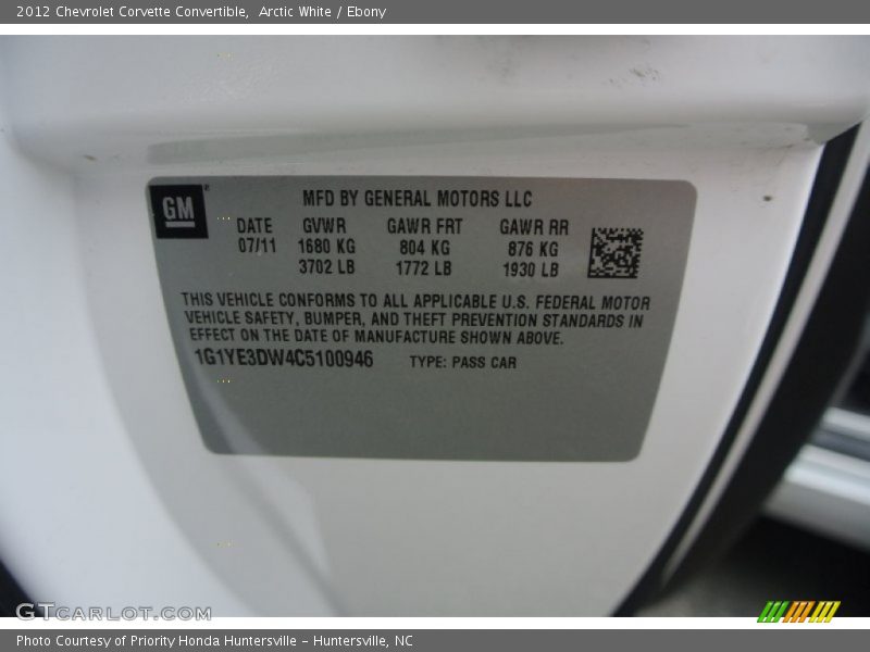 Info Tag of 2012 Corvette Convertible