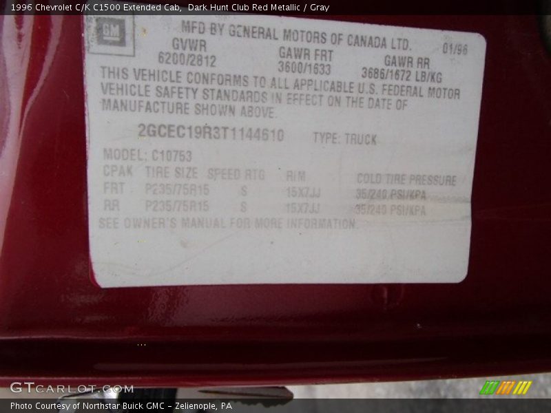 Info Tag of 1996 C/K C1500 Extended Cab
