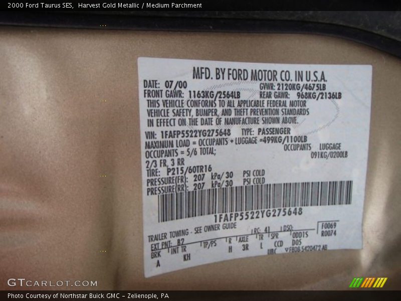 Harvest Gold Metallic / Medium Parchment 2000 Ford Taurus SES