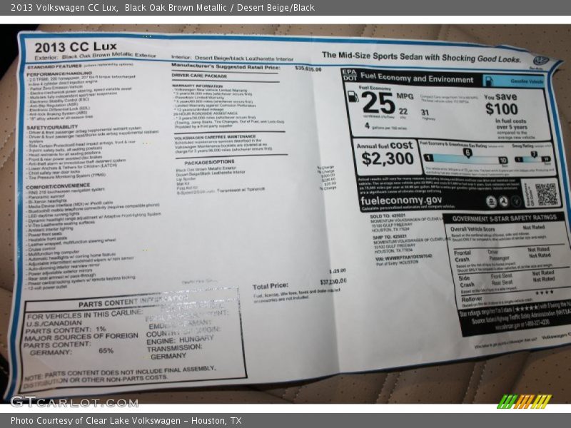 Black Oak Brown Metallic / Desert Beige/Black 2013 Volkswagen CC Lux