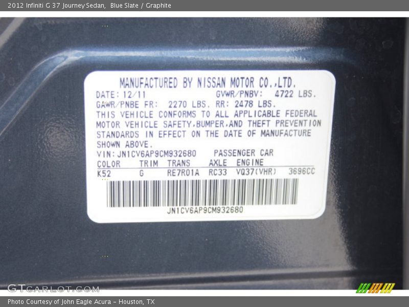 Blue Slate / Graphite 2012 Infiniti G 37 Journey Sedan