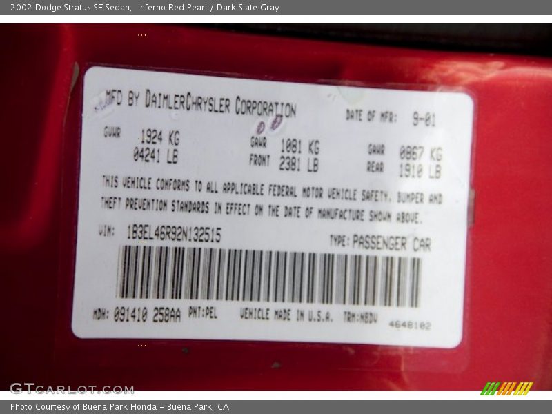 2002 Stratus SE Sedan Inferno Red Pearl Color Code PEL
