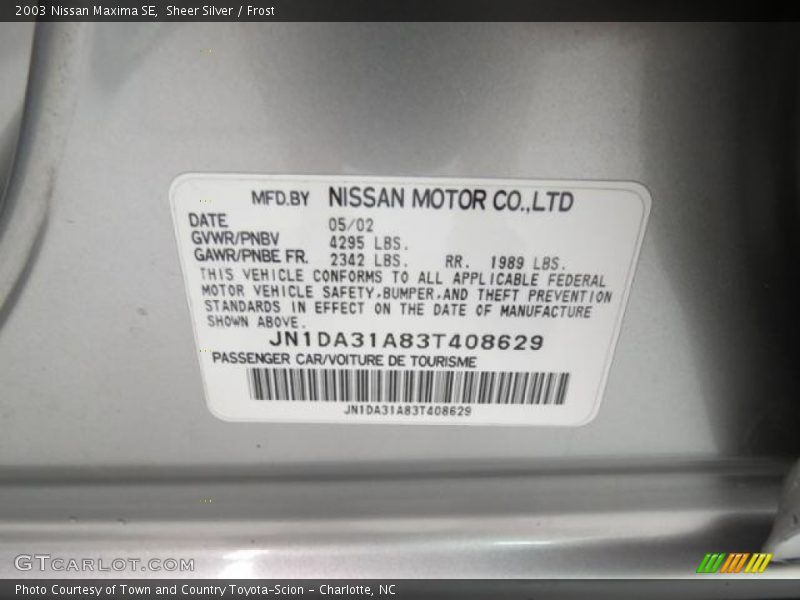 Sheer Silver / Frost 2003 Nissan Maxima SE