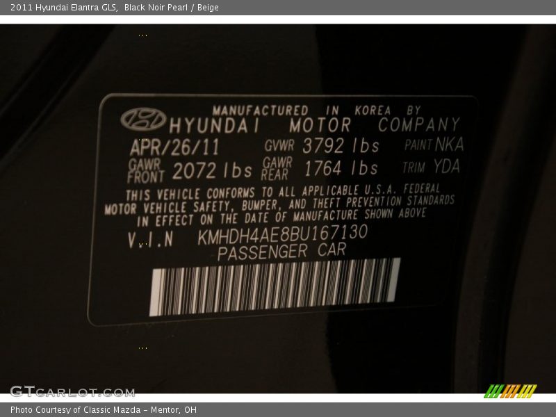 Black Noir Pearl / Beige 2011 Hyundai Elantra GLS
