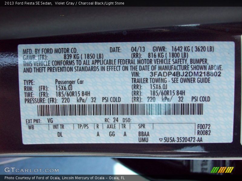 Violet Gray / Charcoal Black/Light Stone 2013 Ford Fiesta SE Sedan