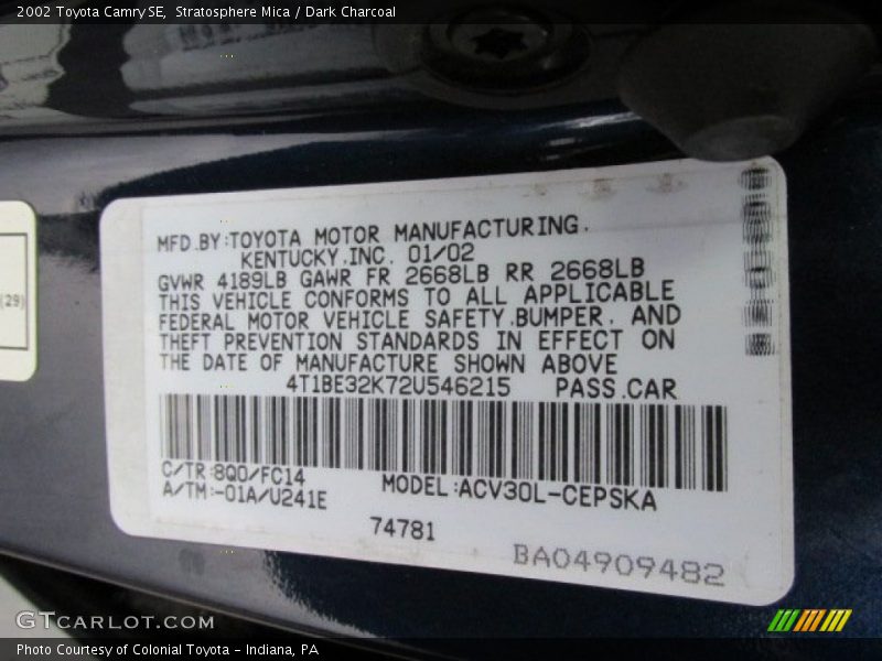 Stratosphere Mica / Dark Charcoal 2002 Toyota Camry SE