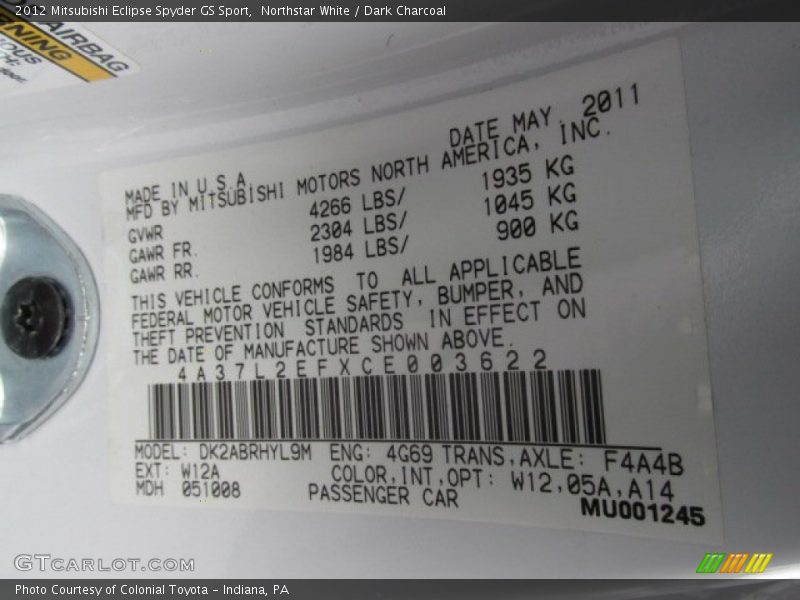 Northstar White / Dark Charcoal 2012 Mitsubishi Eclipse Spyder GS Sport