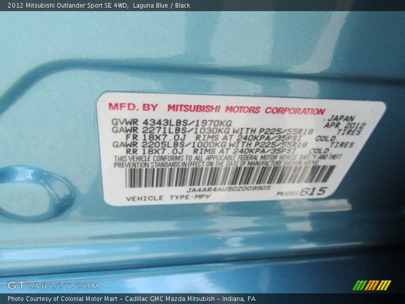 Laguna Blue / Black 2012 Mitsubishi Outlander Sport SE 4WD