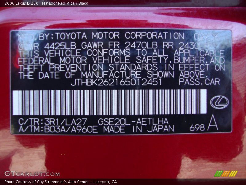 Matador Red Mica / Black 2006 Lexus IS 250
