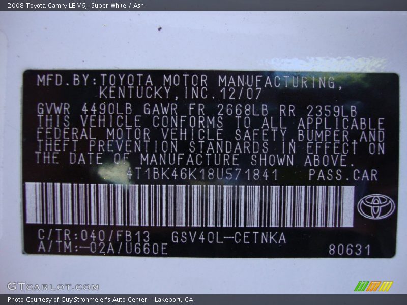 Super White / Ash 2008 Toyota Camry LE V6