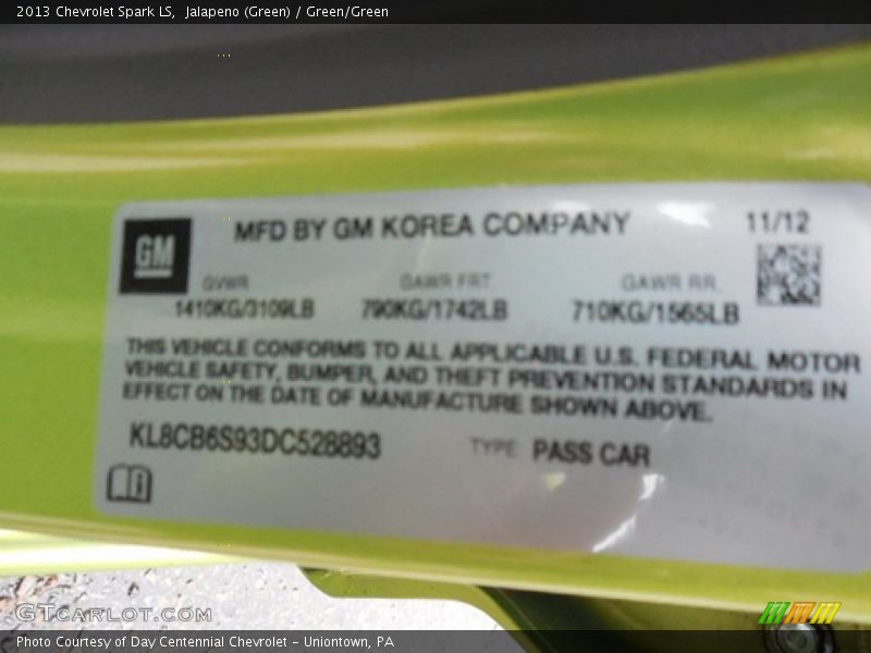 Jalapeno (Green) / Green/Green 2013 Chevrolet Spark LS