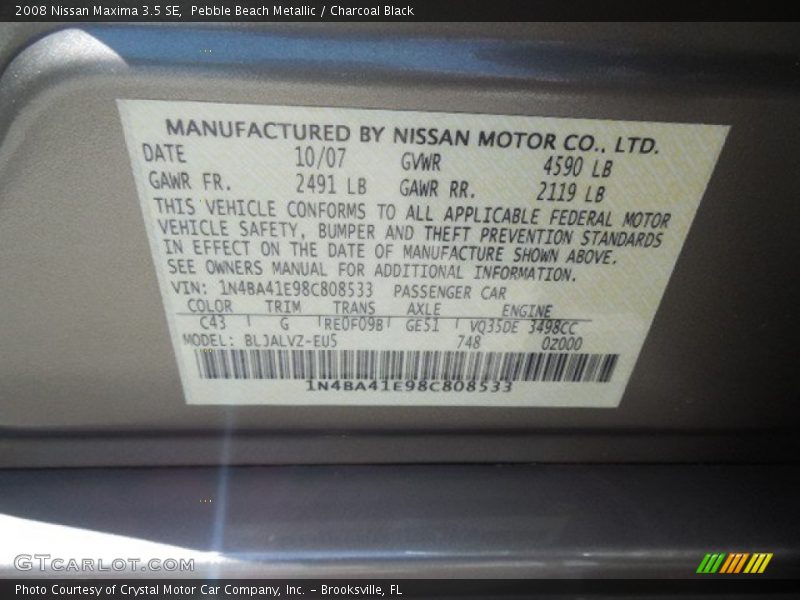 Pebble Beach Metallic / Charcoal Black 2008 Nissan Maxima 3.5 SE