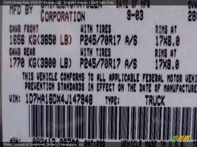 Graphite Metallic / Dark Slate Gray 2004 Dodge Ram 1500 ST Regular Cab