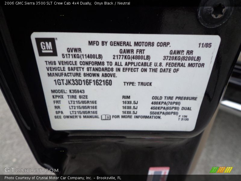 Info Tag of 2006 Sierra 3500 SLT Crew Cab 4x4 Dually