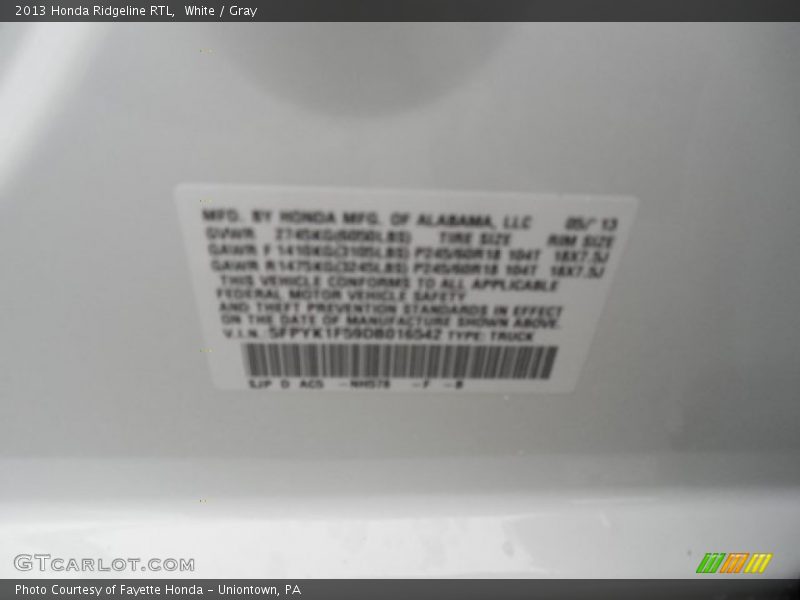 White / Gray 2013 Honda Ridgeline RTL