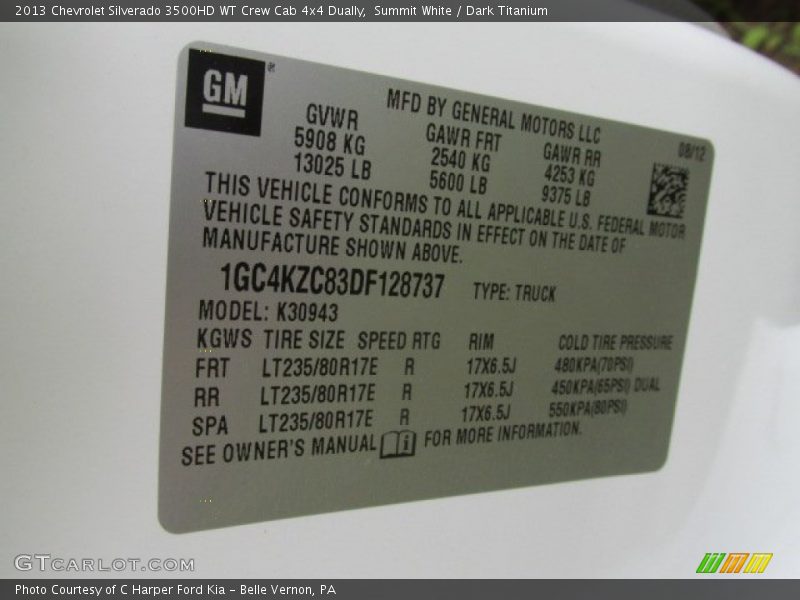 Info Tag of 2013 Silverado 3500HD WT Crew Cab 4x4 Dually
