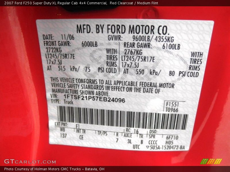 2007 F250 Super Duty XL Regular Cab 4x4 Commercial Red Clearcoat Color Code F1