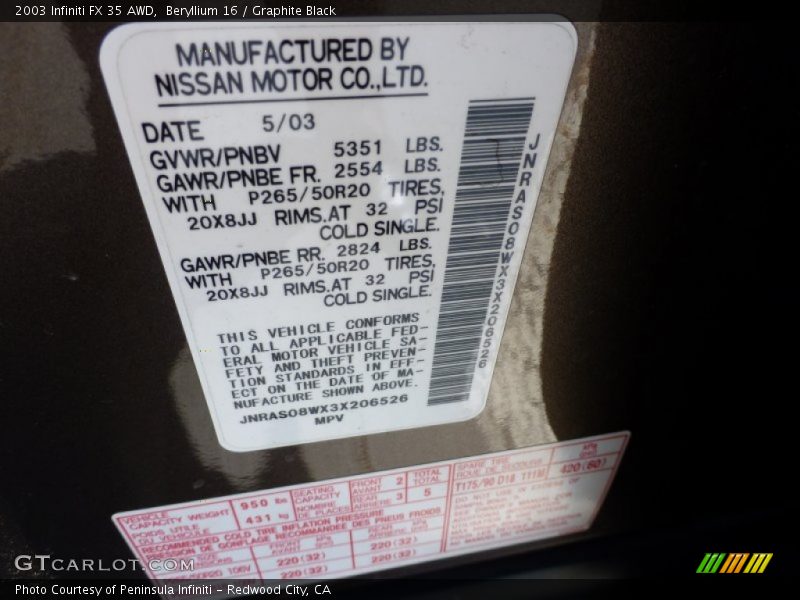 Beryllium 16 / Graphite Black 2003 Infiniti FX 35 AWD