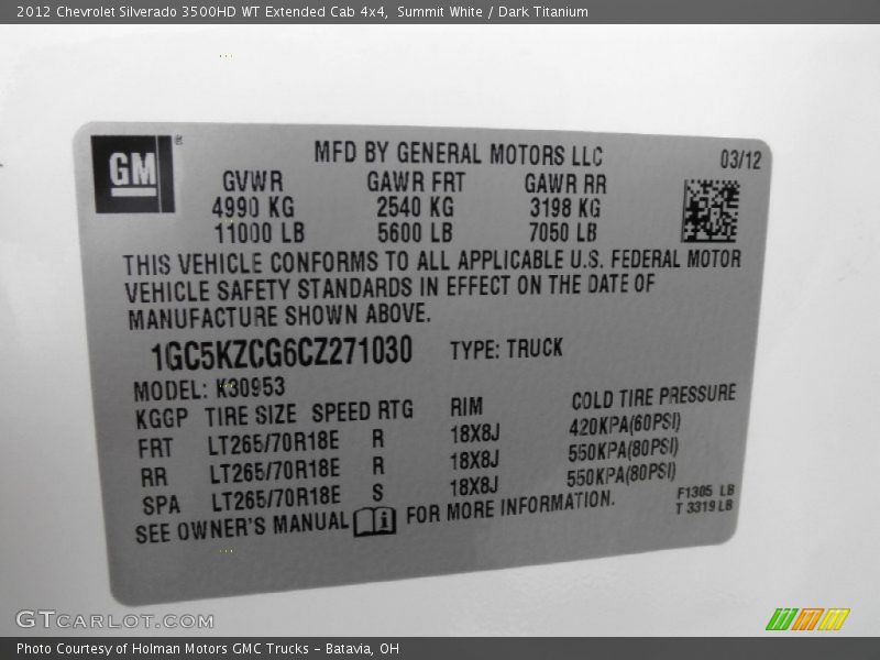 Summit White / Dark Titanium 2012 Chevrolet Silverado 3500HD WT Extended Cab 4x4