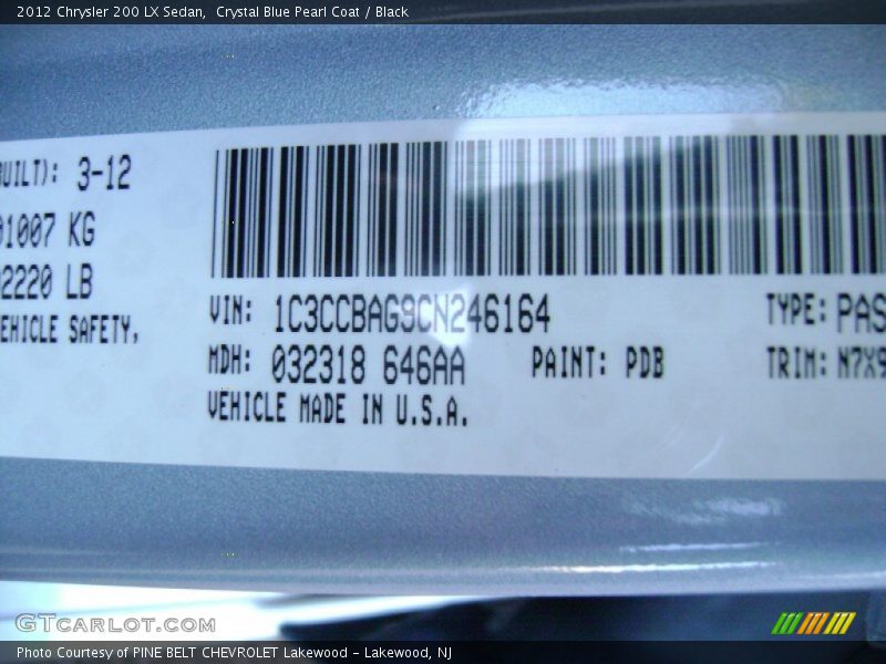 Crystal Blue Pearl Coat / Black 2012 Chrysler 200 LX Sedan