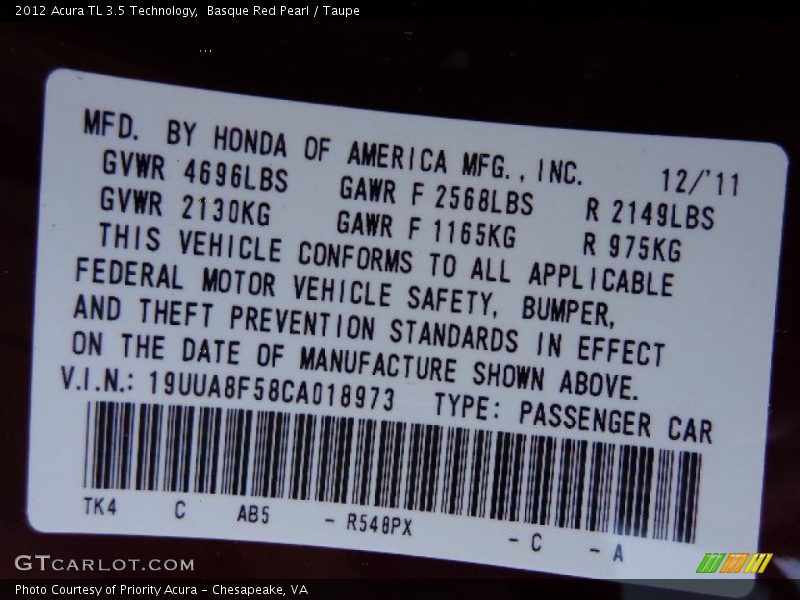 Basque Red Pearl / Taupe 2012 Acura TL 3.5 Technology