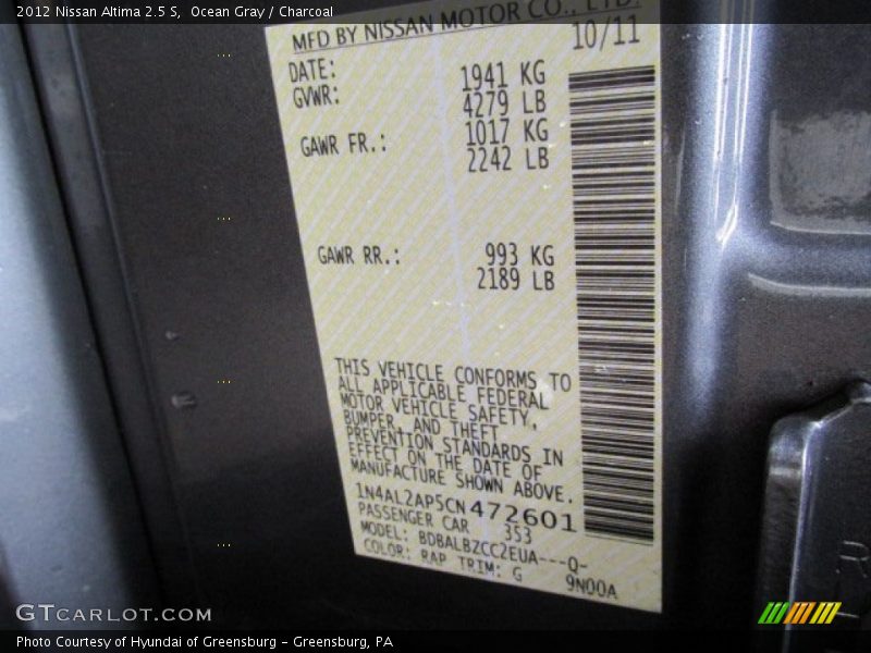 Ocean Gray / Charcoal 2012 Nissan Altima 2.5 S