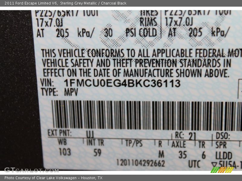 Sterling Grey Metallic / Charcoal Black 2011 Ford Escape Limited V6