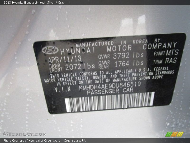 Silver / Gray 2013 Hyundai Elantra Limited