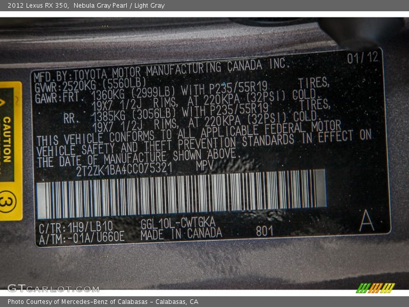 2012 RX 350 Nebula Gray Pearl Color Code 1H9