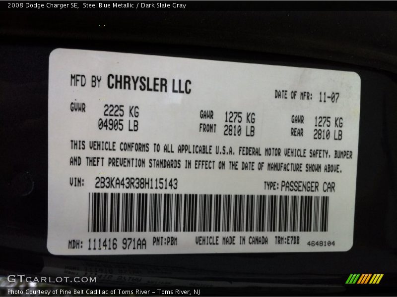 Steel Blue Metallic / Dark Slate Gray 2008 Dodge Charger SE