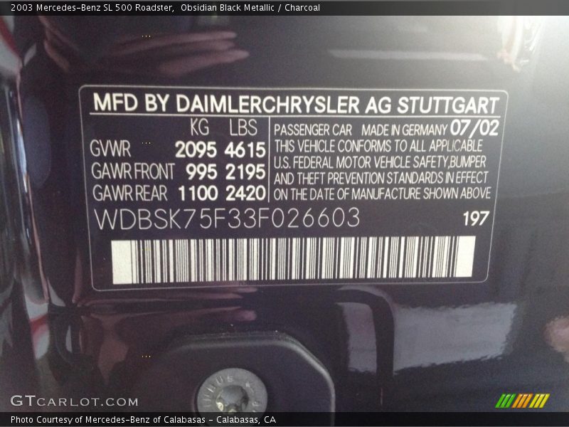2003 SL 500 Roadster Obsidian Black Metallic Color Code 197