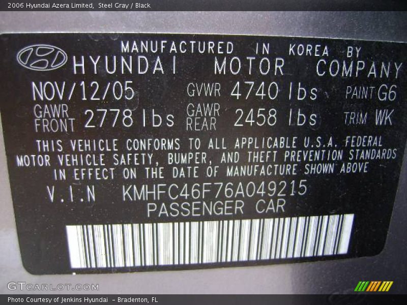 Steel Gray / Black 2006 Hyundai Azera Limited