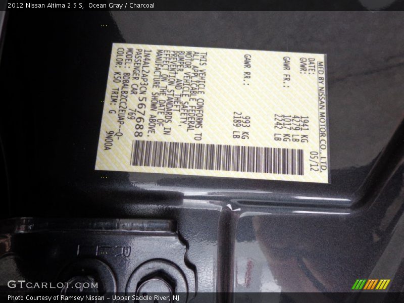 Ocean Gray / Charcoal 2012 Nissan Altima 2.5 S