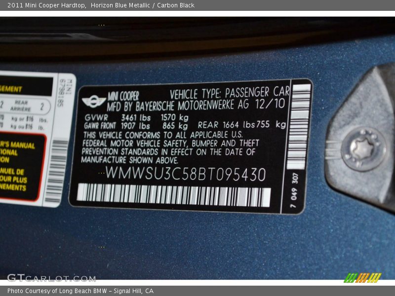 Horizon Blue Metallic / Carbon Black 2011 Mini Cooper Hardtop