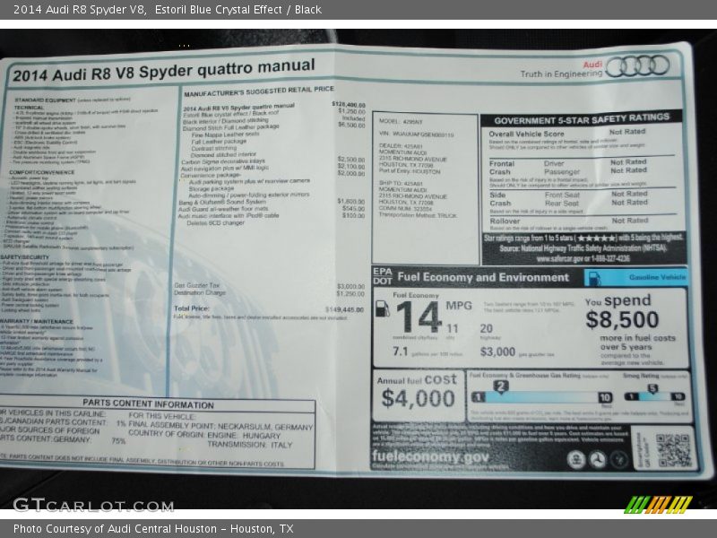  2014 R8 Spyder V8 Window Sticker