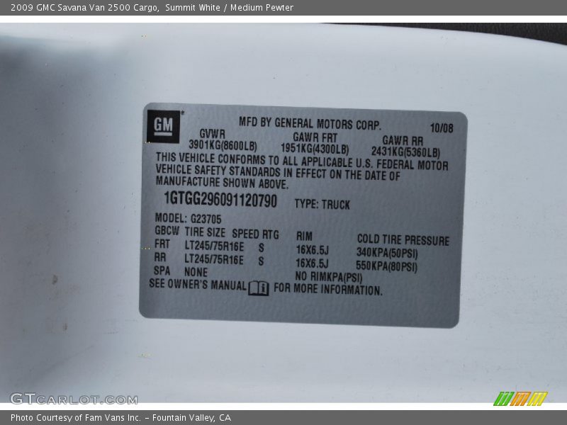 Summit White / Medium Pewter 2009 GMC Savana Van 2500 Cargo